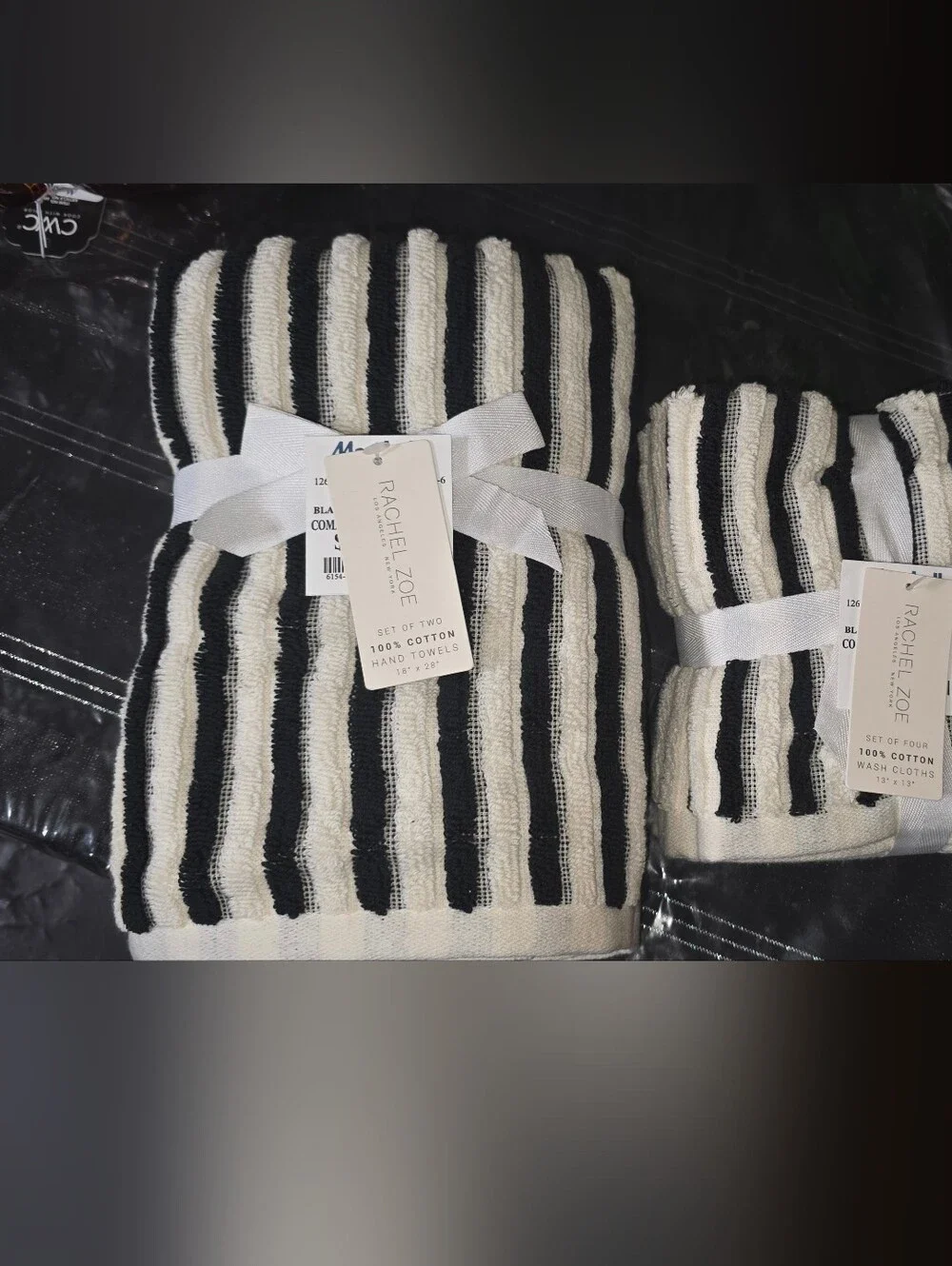 RACHEL ZOE Black & White Striped Cotton Hand Towels And Washcloths